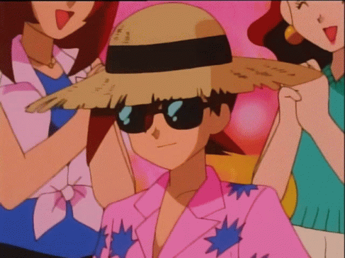 Man In Sunglasses And Straw Hat With Two Women GIF