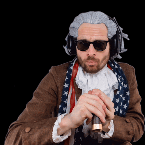 Man in Sunglasses and Wig Holding Cane