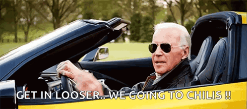 Man in Sunglasses Driving Sports Car Saying Get In Looser We Going To Chilis