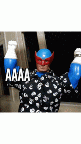 Man in Superhero Costume With Skulls Saying Aaa