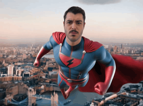 Man in Superman Costume Flying Over City