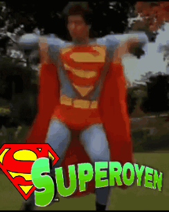 Man in Superman Costume with Superoyen Behind