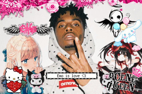 Man in Supreme Hoodie Surrounded by Anime Characters and Flowers