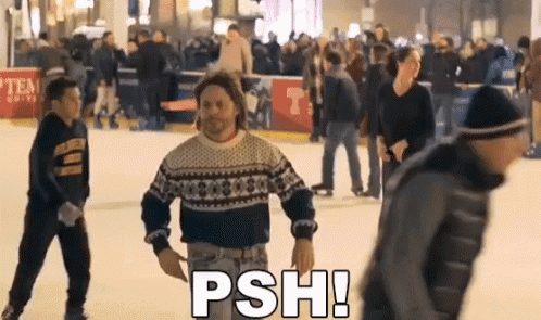 Man in Sweater on Ice Rink Saying Psh