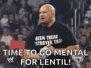 Man In T-Shirt Saying Time To Go Mental For Lentil GIF