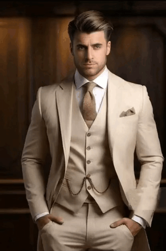 Man in Tan Suit and Tie With Hands in Pockets