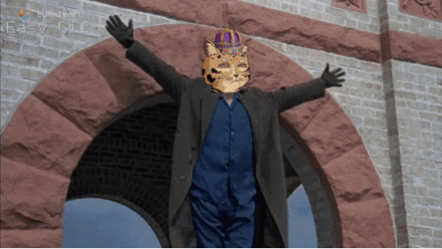 Man In Tiger Mask And Crown With Arms Outstretched GIF