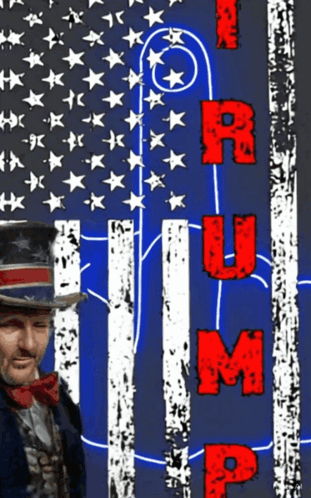 Man in Top Hat and Bow Tie in Front of Trump Flag