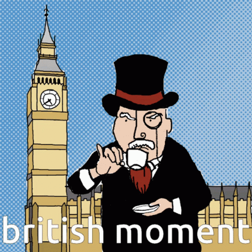 Man In Top Hat Drinking From Cup Saying British Moment GIF