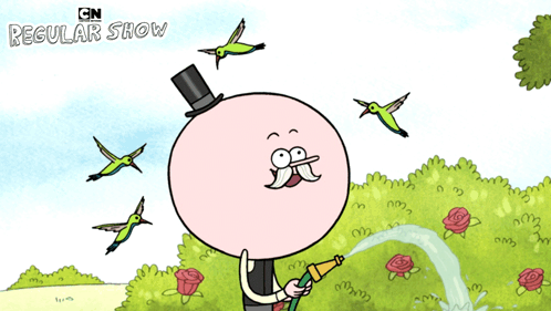 Man In Top Hat Holding Hose With Birds Regular Show GIF