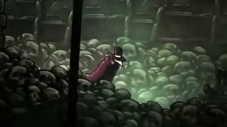 Man in Top Hat Standing in Pile of Skulls in Cave