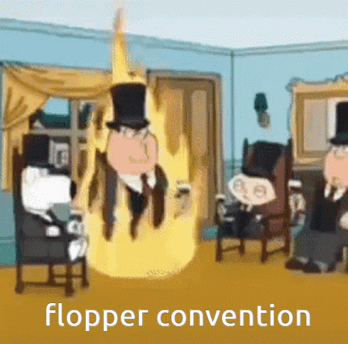 Man in Top Hat With Flames Saying Flopper Convention