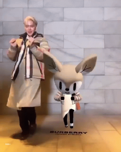 Man in Trench Coat Next to Stuffed Animal Saying Burberry