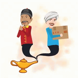 Man in Turban Holding Box While Another Man Comes Out of Lamp
