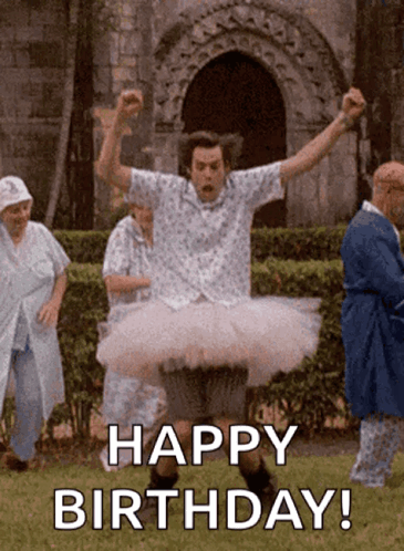 Man in Tutu Jumping with Happy Birthday