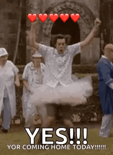 Man in Tutu Jumping With Hearts Yes You're Coming Home Today