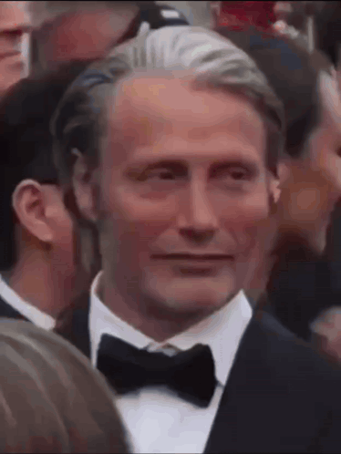 Man in Tuxedo and Bow Tie Smiling in Crowd
