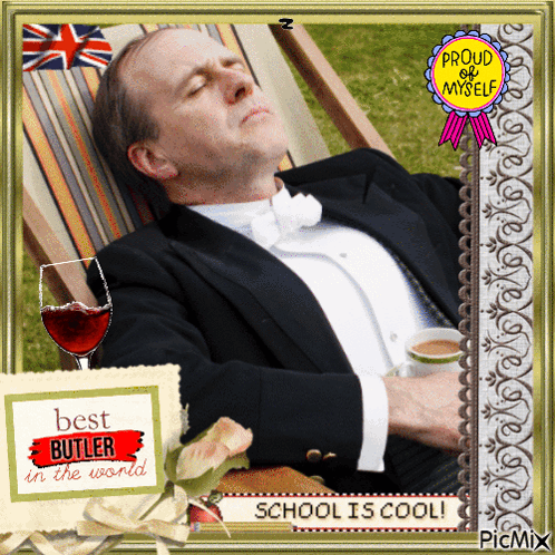 Man in Tuxedo With Wine and Proud of Myself Badge