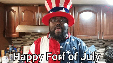 Man in Uncle Sam Hat and American Flag Shirt Says Happy Fourth of July