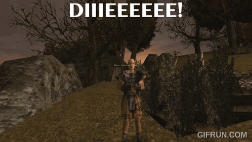 Man In Video Game Standing In Field Saying Diiieeee GIF