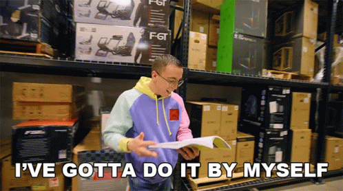 Man In Warehouse Reading Book Says I've Gotta Do It By Myself GIF