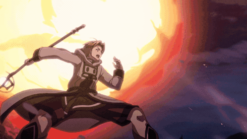 Man in White Coat Holding Sword Explosion