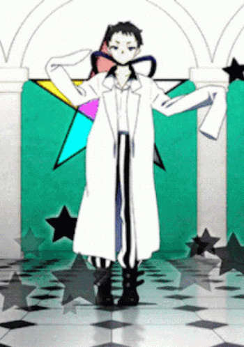 Man in White Coat in Hallway With Stars