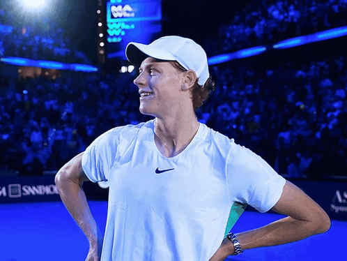 Man In White Hat And White Nike Shirt On Tennis Court GIF