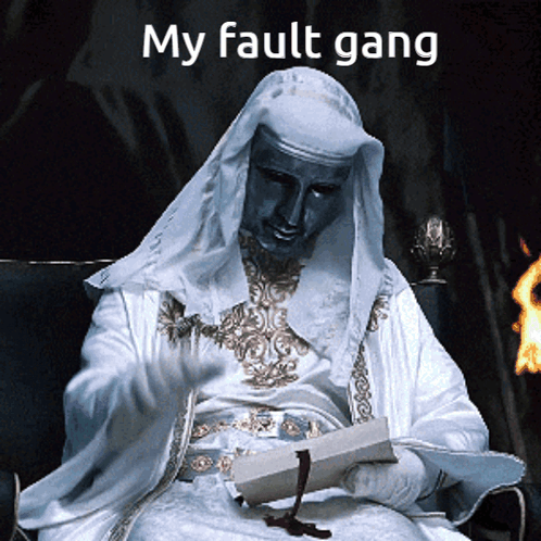 Man In White Robe Holding Paper Saying My Fault Gang GIF