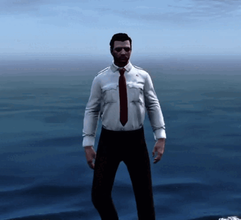 Man in White Shirt and Red Tie by Water