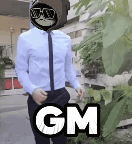 Man In White Shirt And Tie Standing In Front Of Tree Saying GM GIF