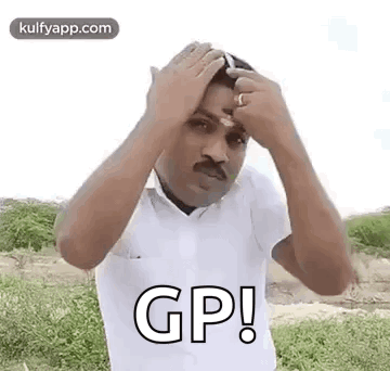 Man in White Shirt Holding Head Saying GP!
