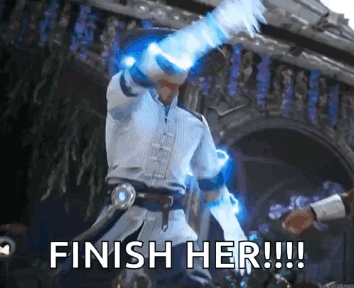 Man in White Shirt Holding Sword Finish Her