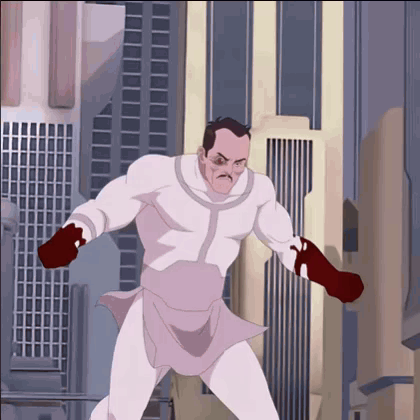 Man in White Superhero Costume Standing in Front of City