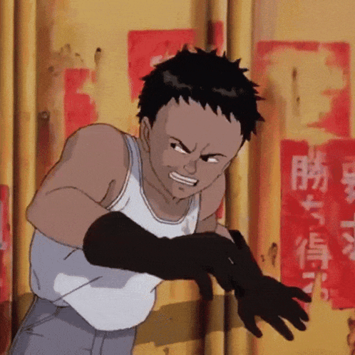 Man In White Tank Top And Black Gloves In Front Of Wall With Chinese Writing GIF