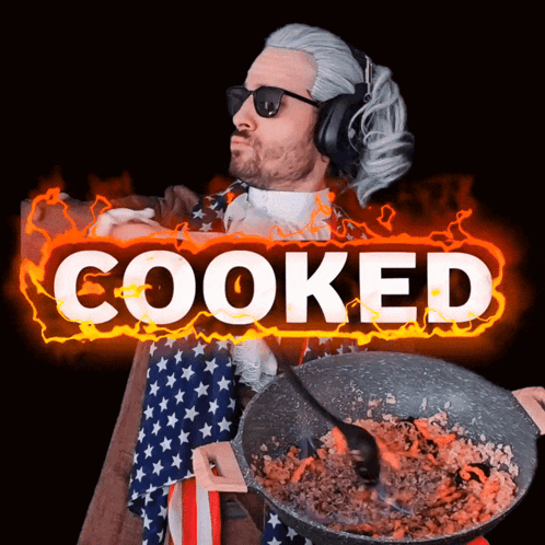 Man In Wig And Headphones Holding Pan Of Food GIF