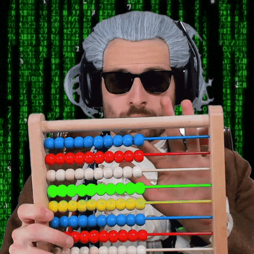 Man In Wig And Sunglasses Holding Abacus GIF