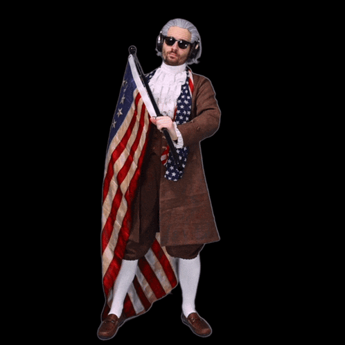 Man in Wig and Sunglasses Holding American Flag