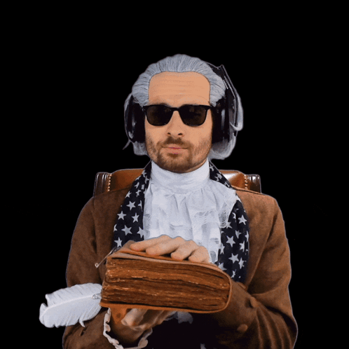 Man in Wig and Sunglasses Holding Book