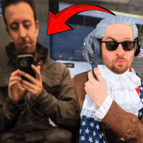 Man in Wig and Sunglasses Holding Magnifying Glass, Another Man on Phone