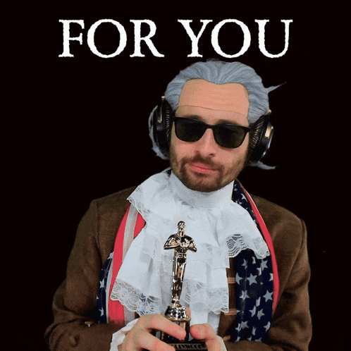 Man in Wig and Sunglasses Holding Oscar