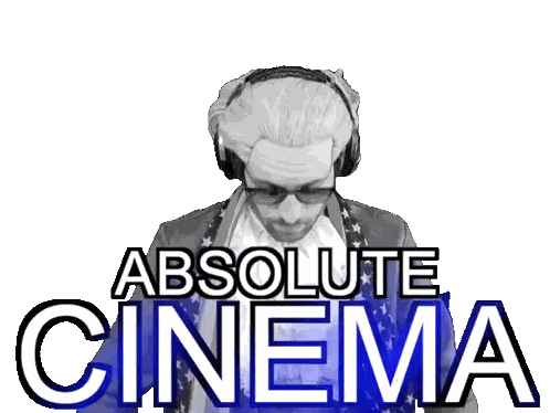 Man in Wig and Sunglasses in Front of Absolute Cinema Sign