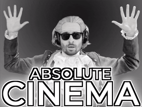 Man in Wig and Sunglasses in Front of Absolute Cinema Sign