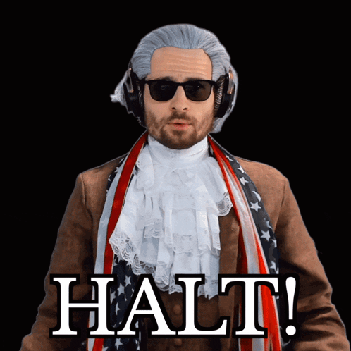 Man In Wig And Sunglasses In Front Of Halt GIF