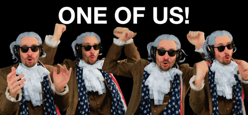 Man In Wig And Sunglasses In Front Of One Of Us Sign GIF