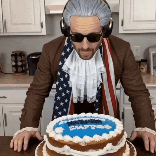 Man in Wig and Sunglasses in Front of Washington Cake