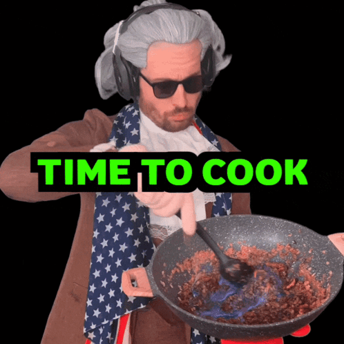 Man in Wig and Sunglasses Pointing at Frying Pan