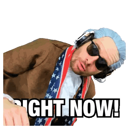Man in Wig and Sunglasses Says Right Now