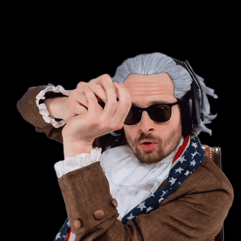 Man in Wig and Sunglasses Using Binoculars and Headphones