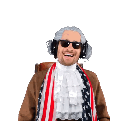 Man in Wig and Sunglasses with American Flag Scarf